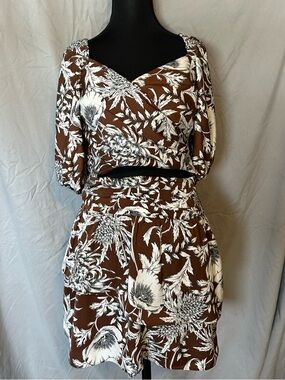 Express Brown and White Floral Two-Piece Skirt Set